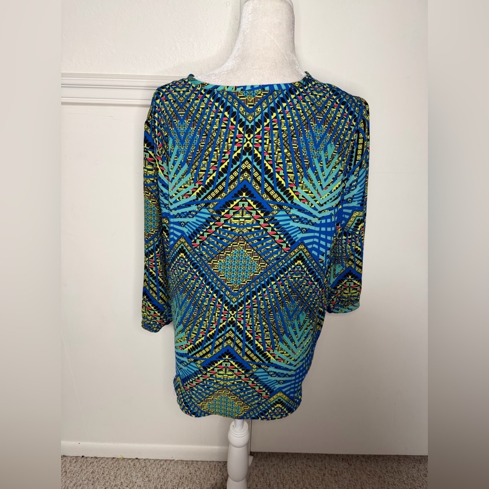 Peter Nygard Vibrant Blue and Green tie Blouse size 14 - Picture 3 of 6